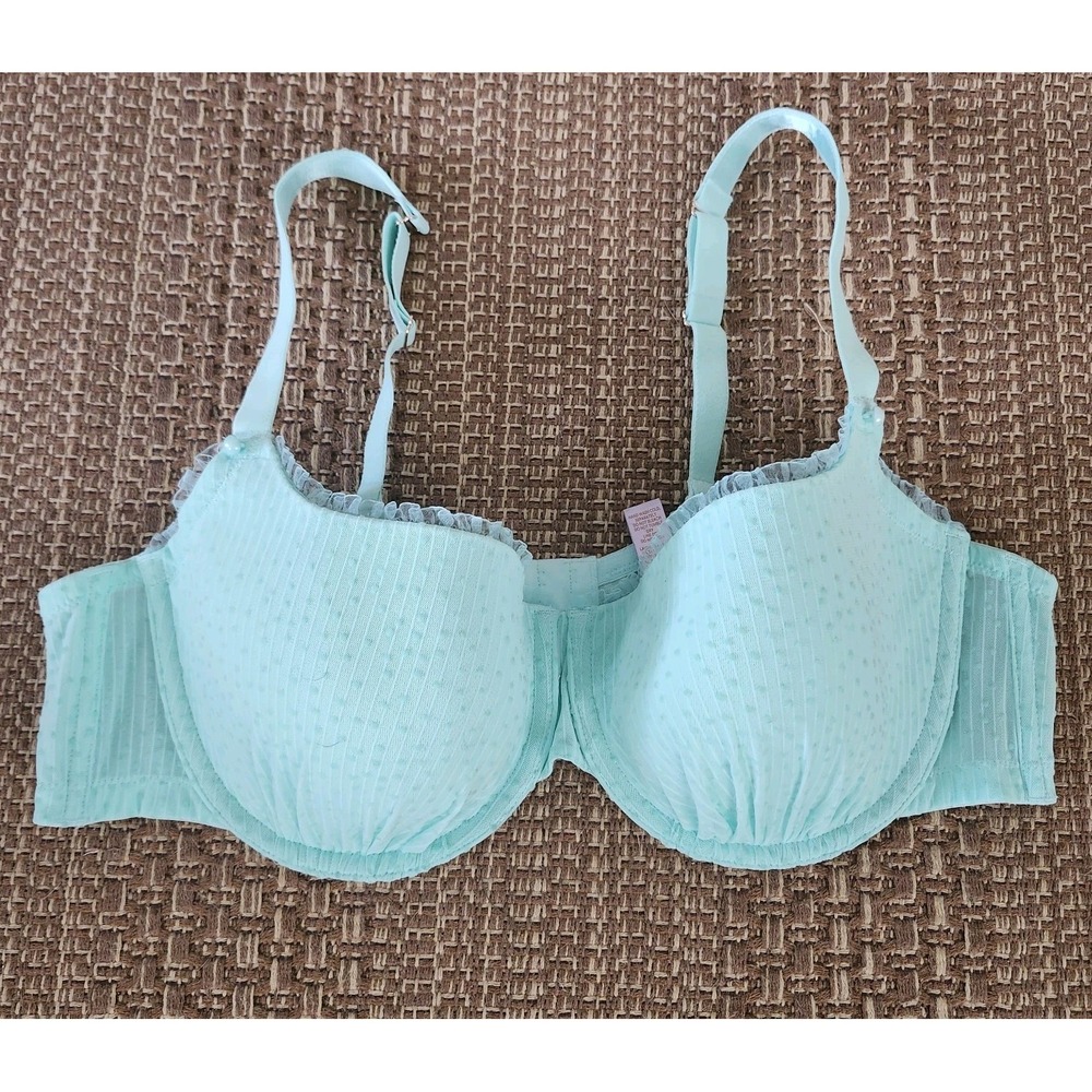 Savage X Fenty Bra 42DD Mint Green Sheer Dots Padded Underwire Ruffle Trim